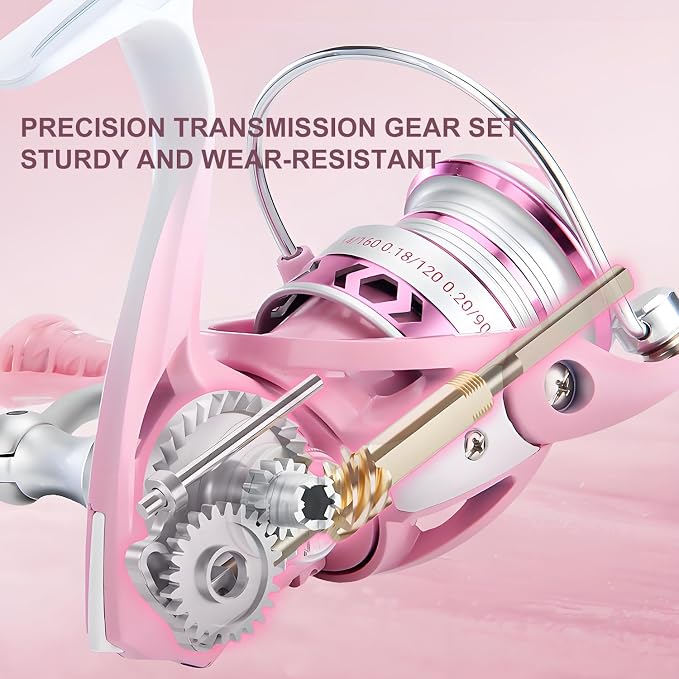 Lightweight Spinning Fishing Reel, Compact Pink Spinning Reel with 5.2:1 Gear Ratio for Freshwater and Saltwater Fishing in All Seasons