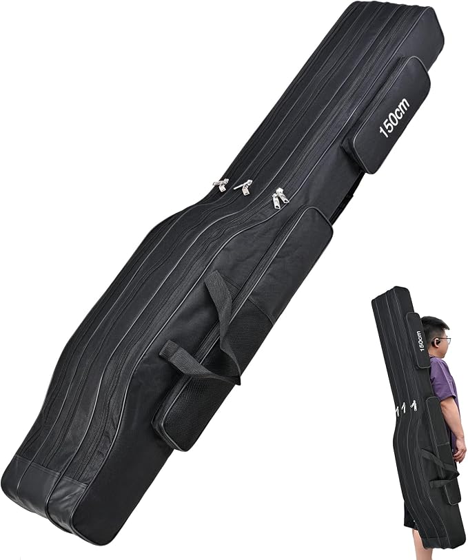 LEOFISHING Portable 3 Layers Fishing Pole Bag Durable Oxford Folding Fishing Rod Reel Carry Case Tackle Storage Bag Case Waterproof Camouflage Travel Fishing Carrier (Black, 120cm/47in)