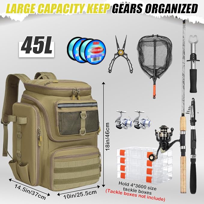 HAMBOLY Fishing Backpack 45L with Rod Holders, Water-Resistant Tackle Backpack for Fishermen, Large Capacity Fishing Gear Bag for Travel Hiking Camping
