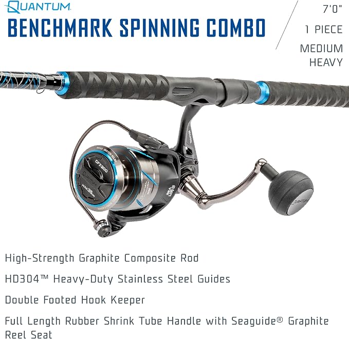 Quantum Benchmark Spinning Reel and Fishing Rod Combo, Graphite Composite Blank, 5+1 Bearings, Silver/Blue