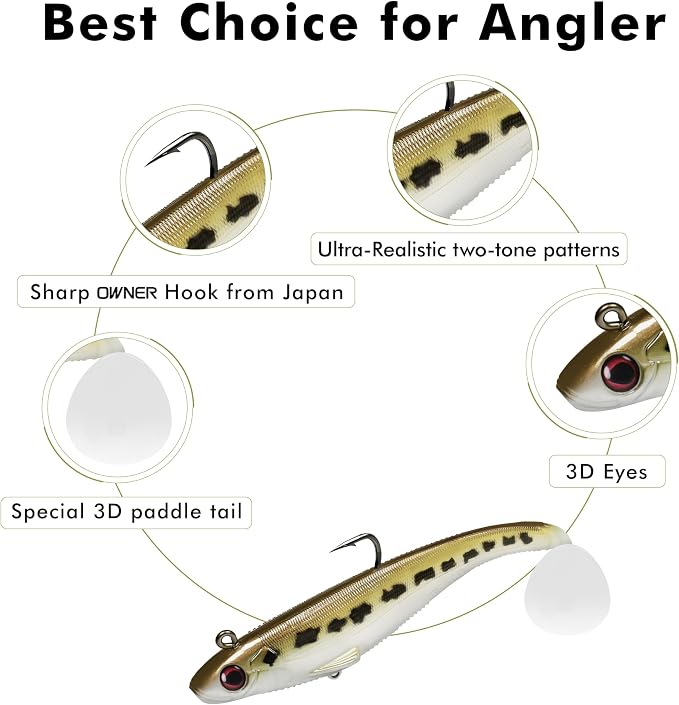 TRUSCEND Shadtale Easy Catch Soft Fishing Lures with BKK Hooks - Trembly Sinking and Vibrating Swim for More Bites, Pre-Rigged Swimbaits for Bass, Trout, Crappie, Walleye, Freshwater Saltwater Fishing