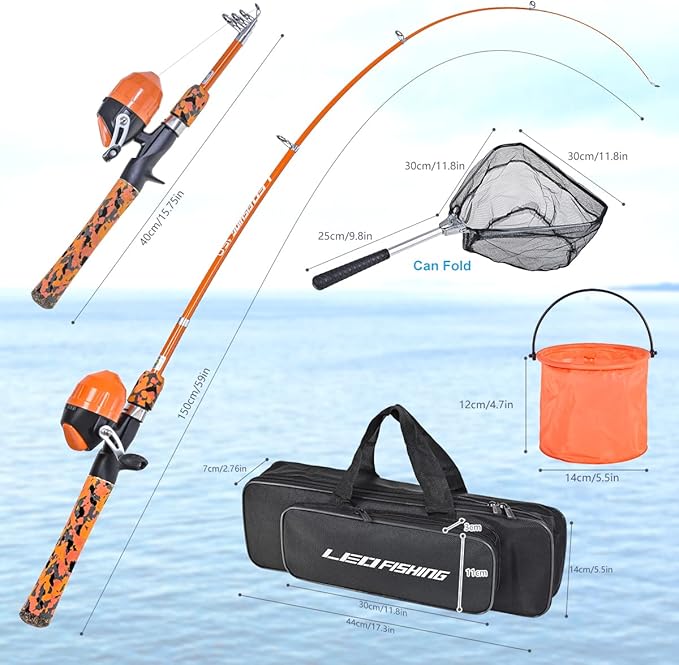 LEOFISHING Kids Fishing Pole Set with Full Starter Kits Portable Telescopic Fishing Rod and Spincast Reel with a Fishing Net and Bucket for Boys Girls and Youth