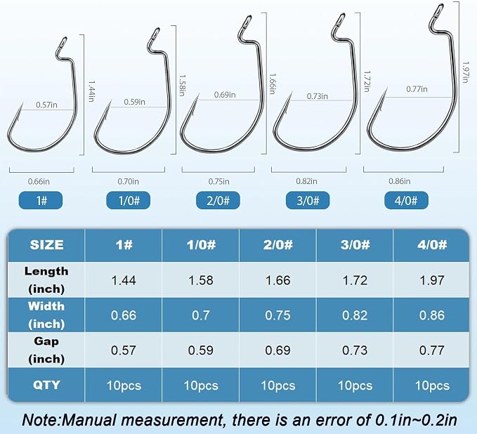 EWG Fishing Hooks 50Pcs Wide Gap Offset Worm Hook Sharp Strong Texas Rig Kit for Freshwater and Saltwater Fishing Multi-Size Set