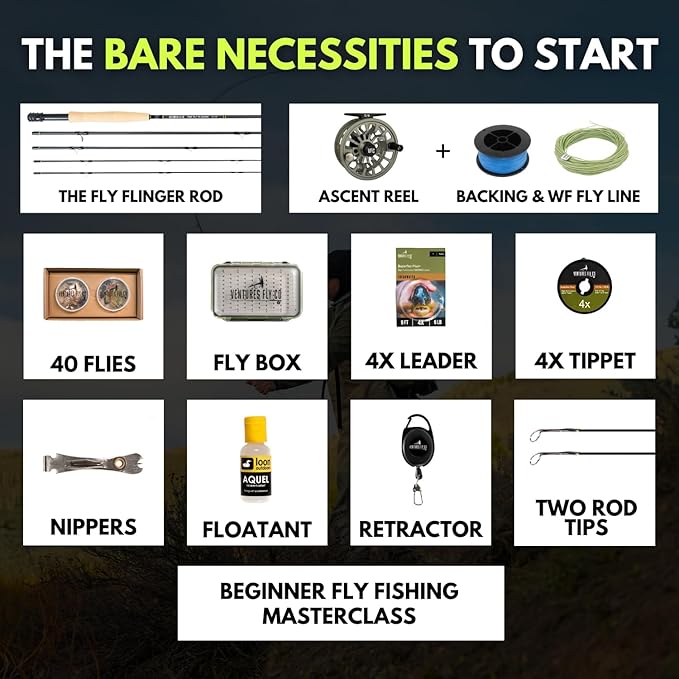Ventures Fly Co. | Starter Packages | 23 Fly Fishing Accessories Complete Gear Combo | Perfect Beginner Kit | Includes Rod, Reel, Line, Flies, Leader, Tippet, Forceps, Nipper, Floatant & Net