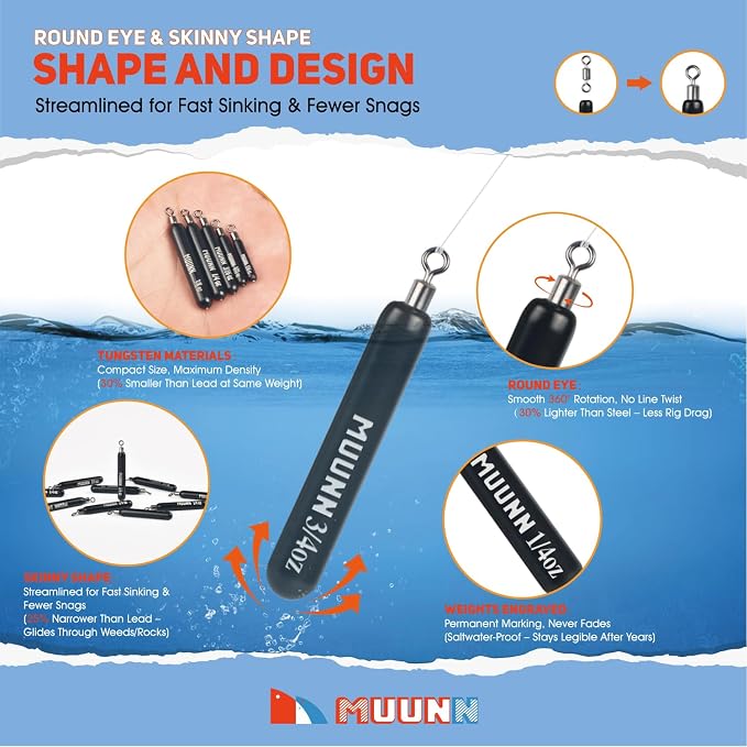 10 Pack Tungsten Skinny Drop Shot Weights, Pencil Sinkers with Round Eye for Free Rig & Finesse Bass Fishing, Drop Shot Rig Weights