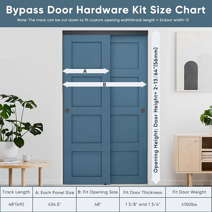 JUBEST 4FT Heavy Duty Bypass Door Hardware with Finger Pulls,Sturdy Aluminum Sliding Closet Door Track for 2 door System,Quietly and Smoothly,Fit Door Thickness 1 3/8" or 1 3/4",Easy to Install, Black