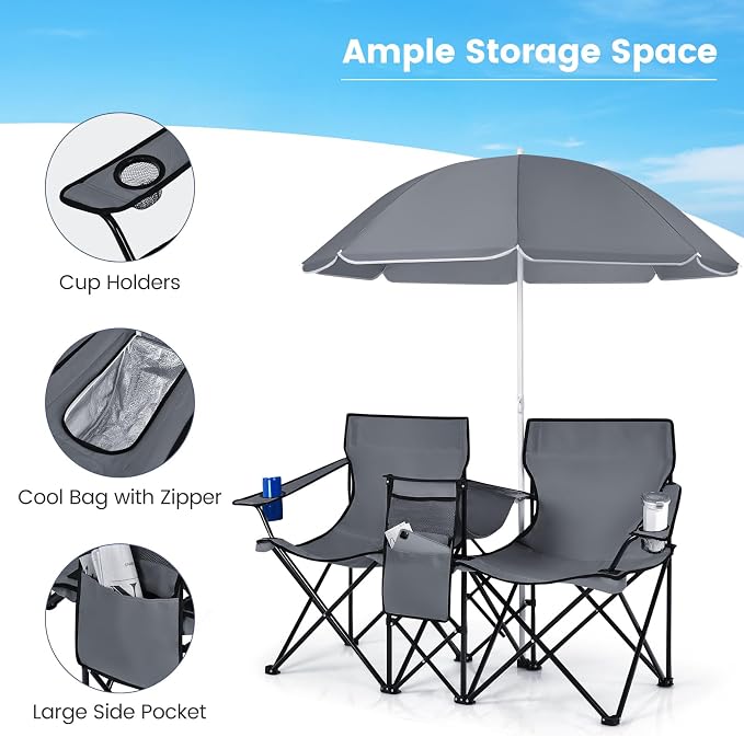 Tangkula Double Camping Chairs with Umbrella, Portable 2 Seat Folding Camp Chair with Cooler Bag, Beverage Holder, Carrying Bag, Foldable Lawn Chair for Outside, Fishing, Picnic, Beach