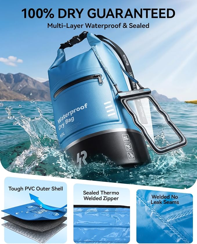 Rorhxia 20L Waterproof Dry Bag, [Upgraded Waterproof & Tearproof] with Bonus Phone Waterproof Case, Roll Top Floating Waterproof Storage Bag for Kayaking, Beach, Fishing, Gym, Camping Outdoor