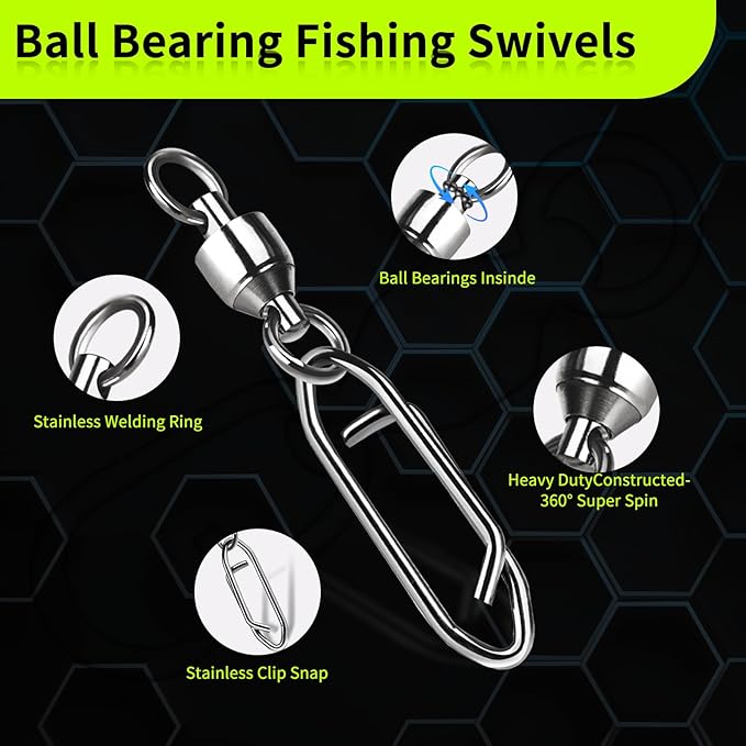 9KM DWLIFE Fishing Swivels & Quick-Change Clips 25Pcs Pro Saltwater 360° Spin Stainless Steel Snap Swivels for Lure/Bait Heavy-Duty Corrosion-Proof