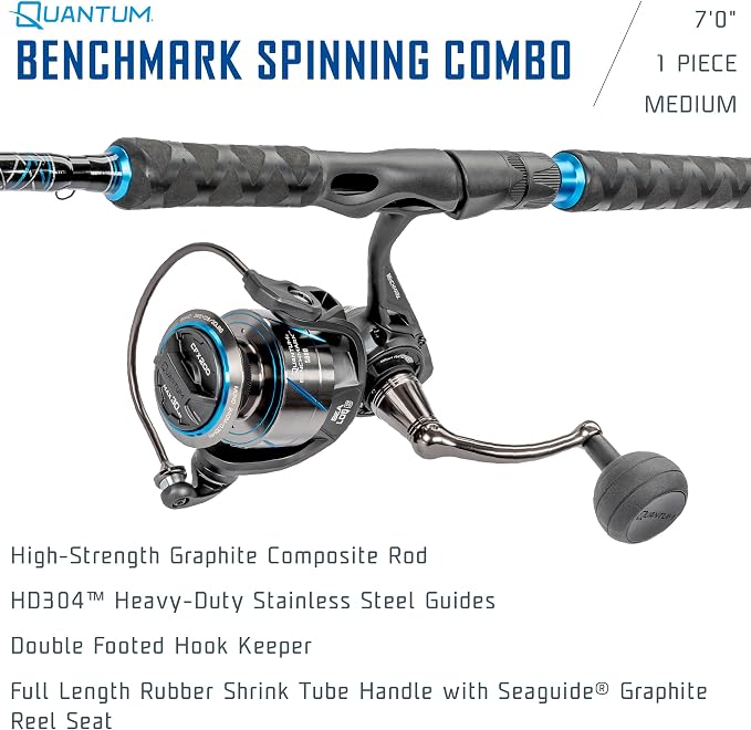Quantum Benchmark Spinning Reel and Fishing Rod Combo, Graphite Composite Blank, 5+1 Bearings, Silver/Blue
