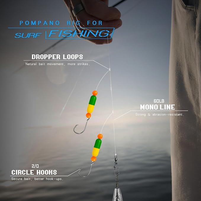 Pompano Rig Saltwater Surf Fishing Rigs – Double Drop Leader Rigs with Hooks, Floats, Beads & Snap – Easy Pre-Tied Terminal Tackle for Pompano, Whiting, Redfish