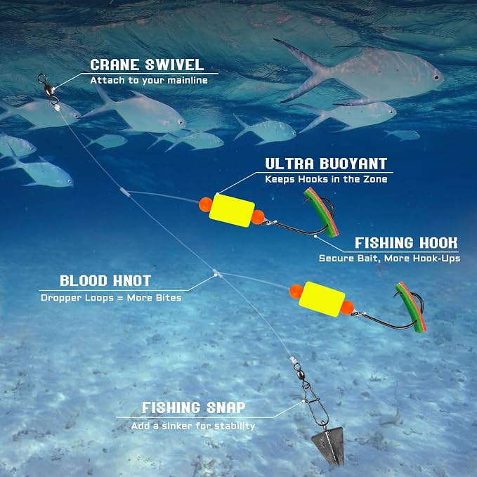 Pompano Rig Saltwater Surf Fishing Rigs – Double Drop Leader Rigs with Hooks, Floats, Beads & Snap – Easy Pre-Tied Terminal Tackle for Pompano, Whiting, Redfish