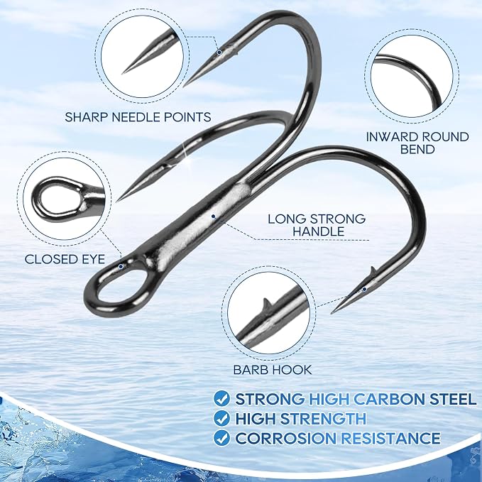 UCEC Fishing Hooks Treble Hooks Kit for Saltwater Freshwater, High Carbon Steel Strong Sharp Round Bend for Catfish Trout Hard Baits Lures, Size #1#2#4#6#8#10#12#14 110/50/210 Pack with Split Rings