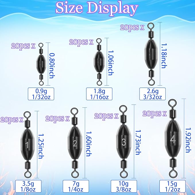20Pcs Fishing Weights Swivel Brass Sinkers Fishing Weights Saltwater Freshwater Bullet Sinkers Fishing Weight with Swivel Rolling