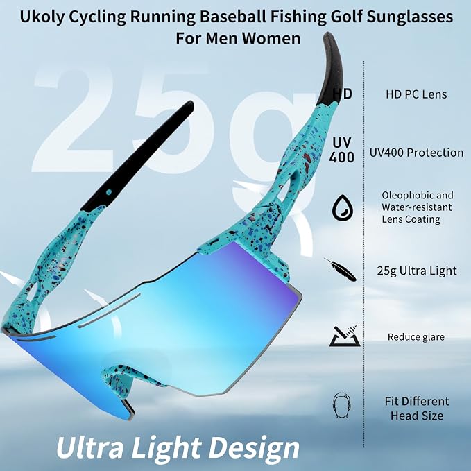 Ukoly Cycling Sunglasses for Men Women with 3 Interchangeable Lenses, Polarized Sports Sunglasses, Baseball Sunglasses
