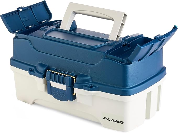 Plano One-Tray Tackle Box, Blue/White, Rust-Proof Brass Latch, Top-Access Tray with Deep Storage, Made in the USA, Portable Fishing Gear Storage Organizer