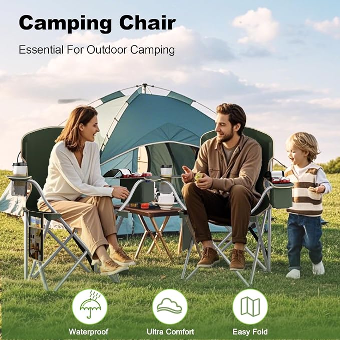 VTOY Folding Camping Chairs Durable 600D Oxford, Portable Outdoor Chair with Cooler Pouch, Cup Holder & Storage Pocket for Camping, Beach, Fishing