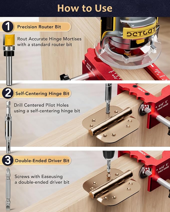 Door Hinge Jig Tool for Router, Adjustable Aluminum Alloy Mortise Jig Fits Door Hinges 2.5" -5", Door Hinge Template Installation Kit, 1/4" & 5/8" Radius and Square Corners (red)
