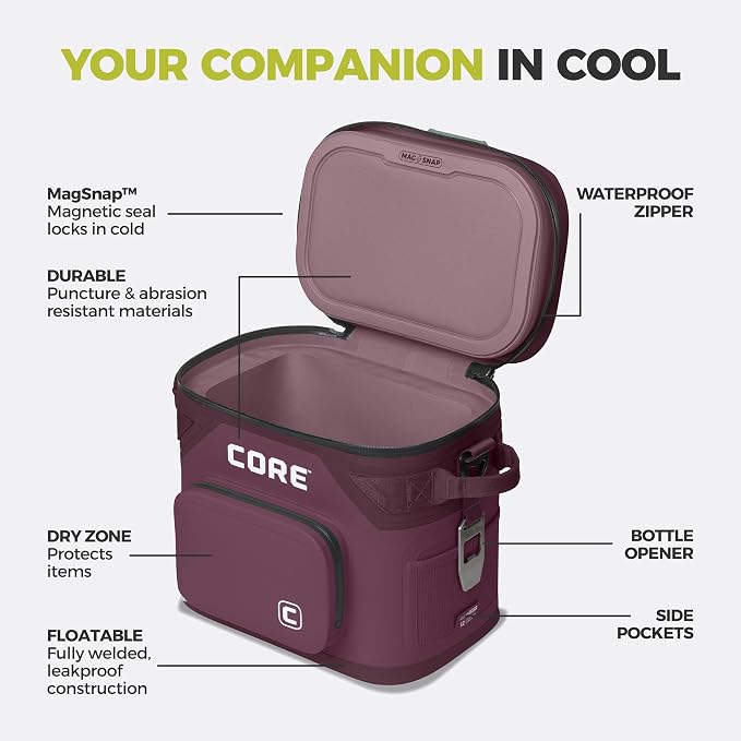 CORE Magnetic Leak Proof Soft Cooler with Waterproof Zipper | Insulated Bag Portable Ice Chest Box | Best Soft Cooler for Food & Beverages for Tailgating, Car Camping, Travel, and Family Beach Picnics