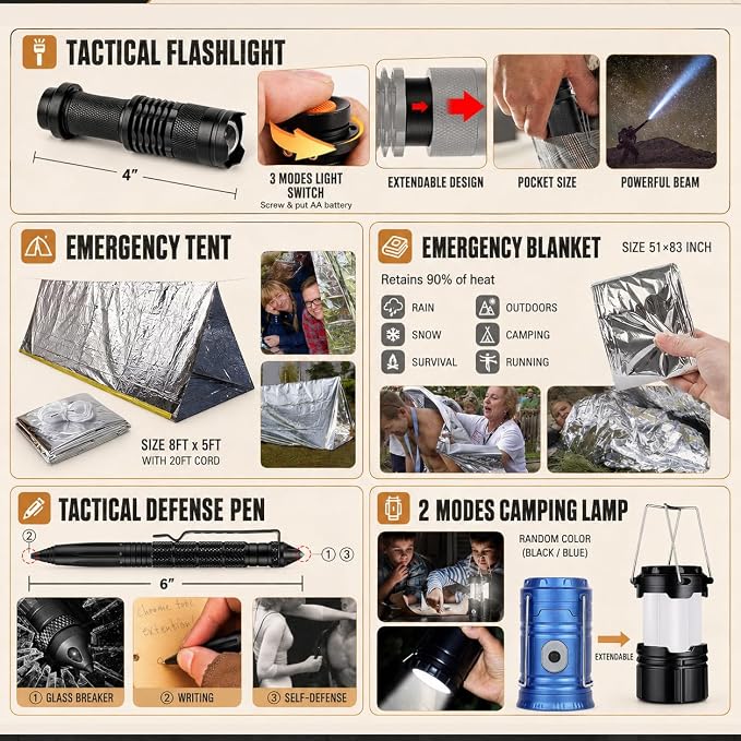 Survival Kit, 250Pcs Survival Gear First Aid Kit with Molle System Compatible Bag and Emergency Tent, Emergency Kit for Earthquake, Outdoor Adventure, Hiking, Hunting, Gifts for Men Women