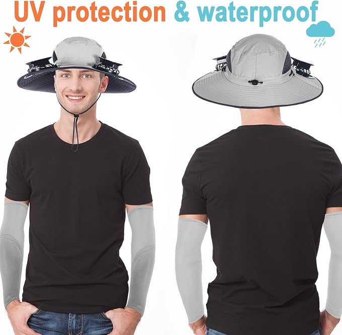 Glitopper 2 Set Wide Brim Solar Fan Hats with 2 Solar Fan and Arm Sleeves Set Outdoor Fishing Bucket Hat for Men Women Hiking