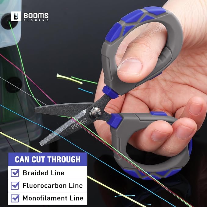 Booms Fishing Braided Line Scissors: Micro-Serrated Stainless Steel Blades Line Cutter - XW01 4.1" Fishing Serrated Shears with Coiled Lanyard