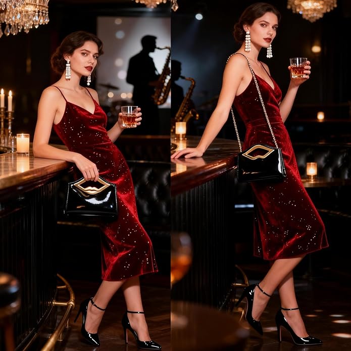 DETARA Patent Leather Evening Clutch Purse for Women Lip Metal Grip Handle Handbag for Cocktail Party Prom