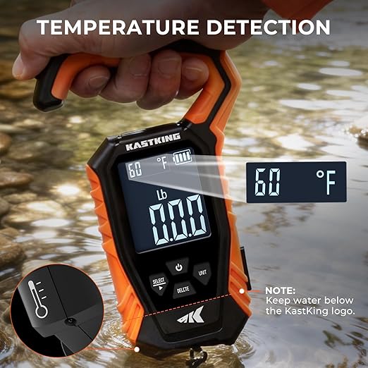 KastKing Weighmaster Mechanical-Digital Fishing Scale with Lip Gripper, 120 lb Capacity, 2.5" Backlit Display, High-Precision Sensor, 9 Weight Memory, Temperature Detection, IPX6 Waterproof