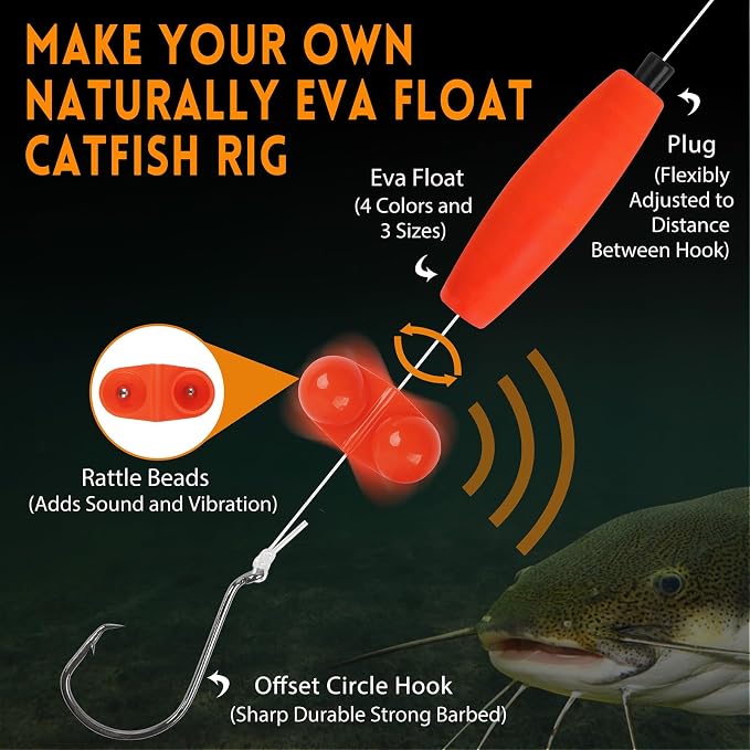Catfish Rig Catfishing Tackle Making Kit Santee Cooper Rig with Catfish Floats Rattling Line Float Lures Peg Float Bobbers Catfish Hooks Swivels Catfish Sinker Weights Fishing Rattle Bells