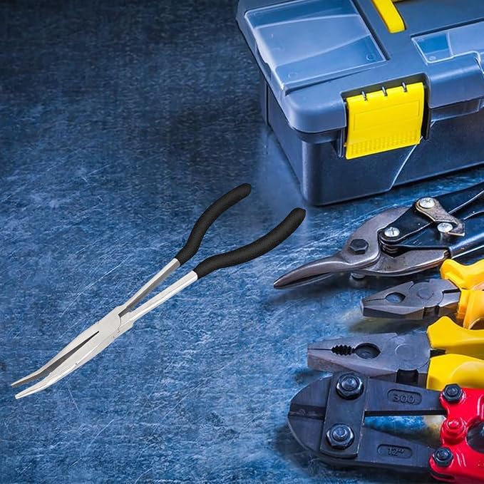 1 Piece 11 Inch Long Reach Pliers Set - Long Needle Nose Pliers Sets - 25, Degree Angle Designed for Mechanics, Technicians, and Contractors Milled-Jaws Steel