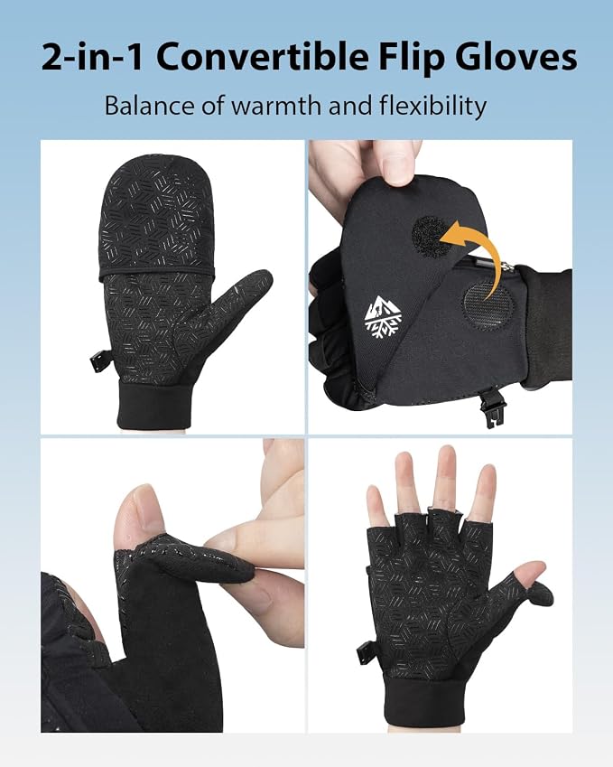 RIGWARL Winter Fingerless Gloves for Men Women, Convertible Mittens with Hand Warmer Pocket, Running Mittens for Photograph