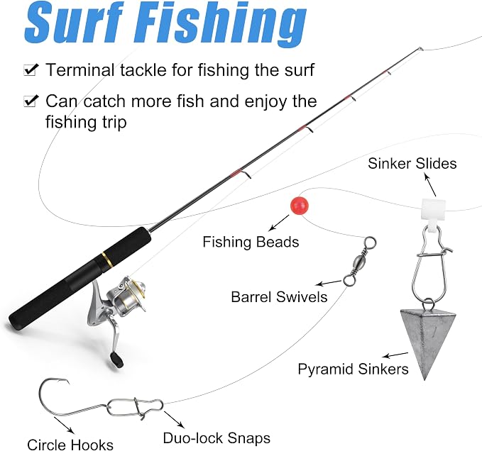 Saltwater Surf Starter Fishing Tackle Kit - 98pcs Surf Fishing Rig Fish Finder Rig Live Bait Rigs Pyramid Weights Fishing Hooks Swivels Sinker Slider Surf Begginner Fishing Tackle Accessories