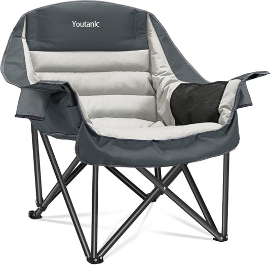 Youtanic Oversized Extra Large Padded Camping Chair, up to 400lbs, Folding Camping Chairs with Pocket, Carry Bag, Heavy Duty Outdoor Camp Chairs for Adults, Fishing, Sports, Trip, Light Gray-Gray