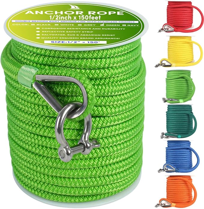 Boat Anchor Rope 150 ft x 1/2 inch Grass Green, Double Braided Anchor Line with Stainless Steel Thimble & Shackle, Marine Rope Ideal for Towing, Mooring, Decks, Anchoring, for Boats Up to 35'
