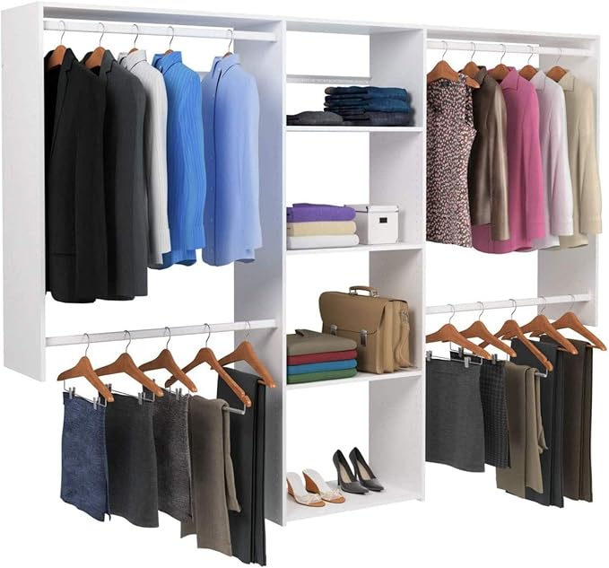 Easy Track OK1460 Deluxe Starter Closet Storage Wall Mounted Wardrobe Organizer System Kit with Shelves and Rods in White for Bedroom with Hardware