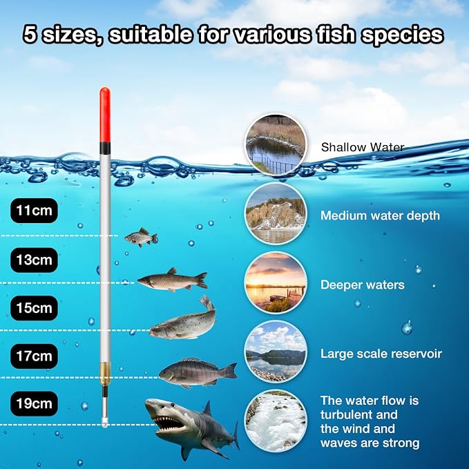 Realure 20 Pcs/5 Sizes Fishing Floats Set 11/13/15/17/19 cm Fishing Tackle Wagglers Straight Insert Fishing Pipe Transparent Coarse Tube for Deep Water Sea Fishing Bait Suspend in Target Water Layer