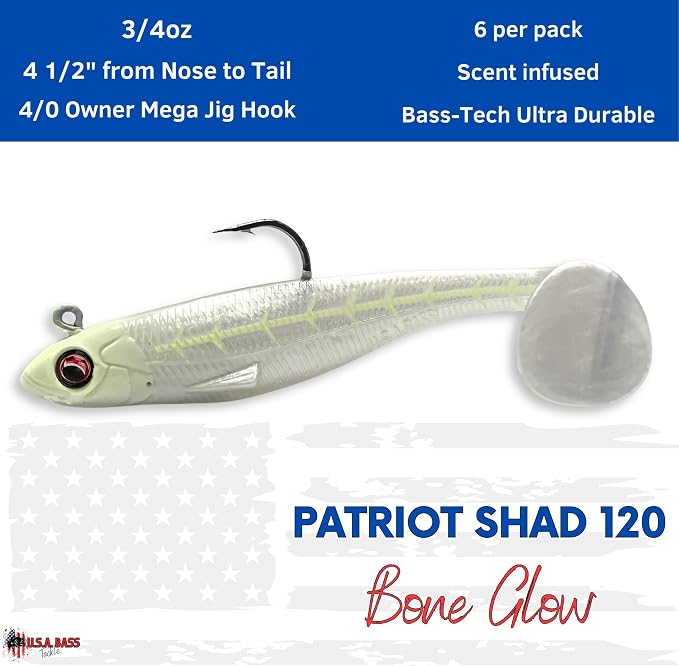 USA Bass Tackle Patriot Shad - Scent Infused Paddle Tail Swimbaits Pre Rigged Fishing Lures Premium Bait Strong Owner Hook, Fishing Gear for Bass Freshwater Predator Fish