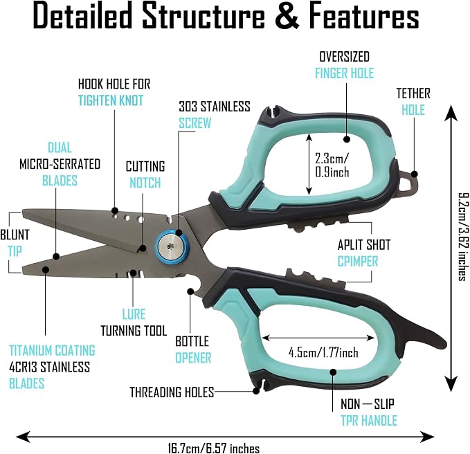 Eupheng 6.5" Pro Multifunction Fishing Scissors for Braided Line Mono Fluorocarbon wire lines,Dual Serrated Titanium Blades Non-Slip Grip Fishing Shears Enlarged Finger Holes with Bottle Opener