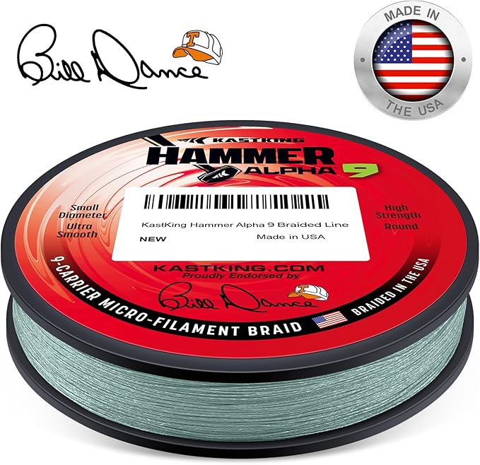 KastKing Hammer Alpha 9 UHMWPE Braided Fishing Line - Made in the USA, Strong and Smooth, Round, 9-Carrier, Colorfast Braided Fishing Line, Perfect for Most Fishing Reel and Finesse Applications