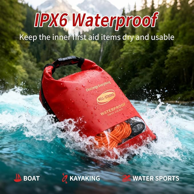 Waterproof First Aid Kit 280PCS for Boat Marine - IPX6 Roll Top Dry Bag Medical Kit for Kayaking Fishing Boating Emergency Supplies with Floatable Design Red