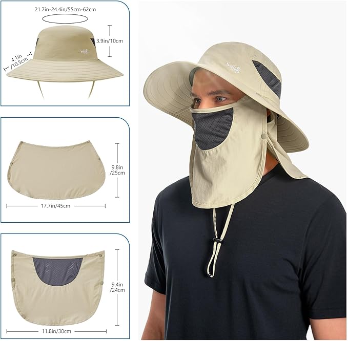 BASSDASH UPF 50+ Breathable Sun Hat with Removable Face Cover and Neck Flap Wide Brim Bucket Hat for Fishing Hiking Men Women