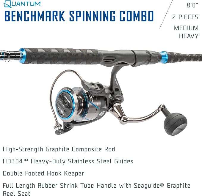 Quantum Benchmark Spinning Reel and Fishing Rod Combo, Graphite Composite Blank, 5+1 Bearings, Silver/Blue