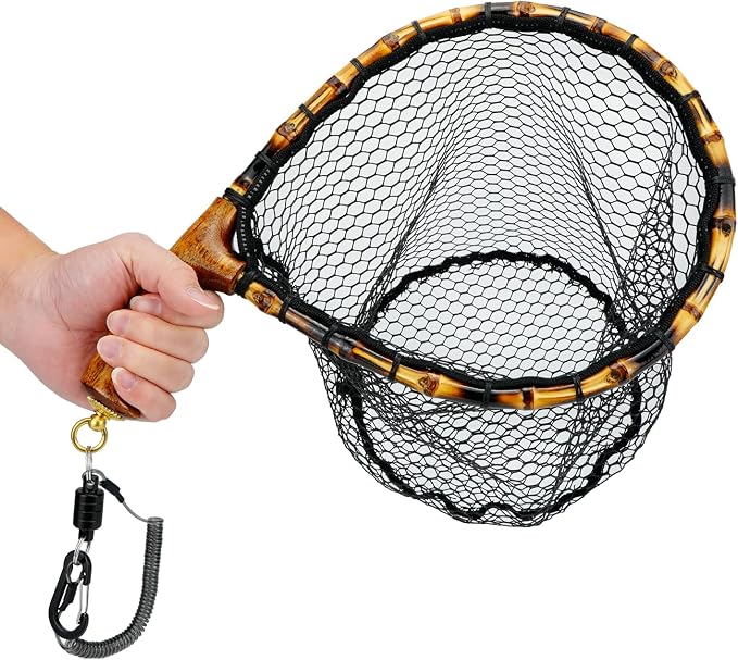 Fly Fishing Net with Release, Lightweight Trout Fishing Net with Wooden Handle Frame, Rubber-Coated Mesh Landing Nets for Minnow, Catch and Release