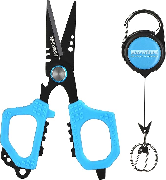 Pro Fishing Shears 4.7'' (12 cm), Dual Serrated Blades, Titanium-Coated Braided Line Scissors with Non-Slip Grip & Multifunction Tool, Includes Zinger Retractor (Blue, 4.7'' (12 cm))