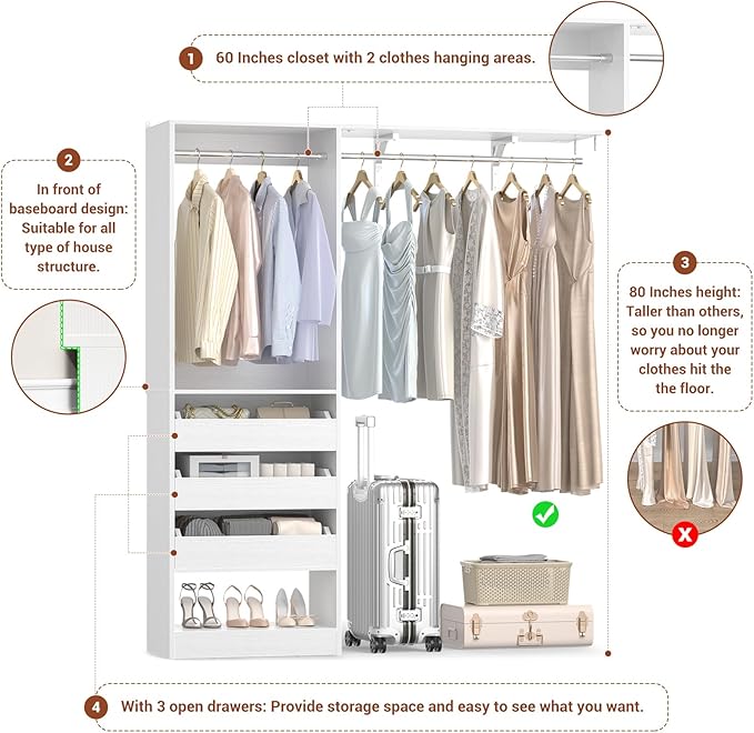 60" Wide x 80" Tall Closet System with 3 Half-Open Wooden Drawers, 5FT Closet Organizer System with 2 Hanging Rods & Removable Tower, Freestanding Wardrobe Organizer for Walk-in Bedroom, White