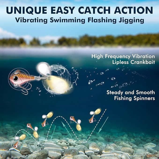 TRUSCEND Vibespinner Easy Catch Fishing Lures with BKK Hooks, Tail Spinner Baits with 4 Actions, Vibrating Swimming Flashing & Jigging for More Bites, Spoon Lures for Bass Trout Crappie Walleye Pike