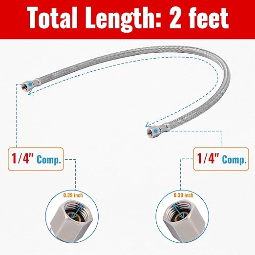 SUNGATOR 2 Feet Refrigerator Water Line, 1/4" Comp X 1/4" Comp Ice Maker Hose, 2 Feet Stainless Steel Braided Ice Maker Water Supply Line with A Wrench and Sealing Tape (1 Pack)