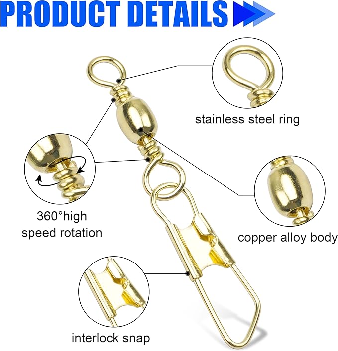 Fishing Barrel Swivels Snaps, 100pcs Snap Swivels Fishing Tackle Leader Line Lure Connector Accessories High Strength Solid Rings for Saltwater Freshwater, Black/Gold