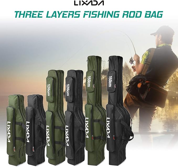Lixada Fishing Rod Case - 3 Layers Oxford Bag, Portable Folding Carrier for Rods and Reels, Tackle Storage Travel Bag, 90cm/120cm/150cm Optional