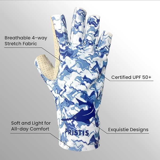 Pristis UPF 50+ Fishing Fingerless Gloves, UV Protection Breathable Half-Finger Sun Gloves for Men Women Boys Kayaking